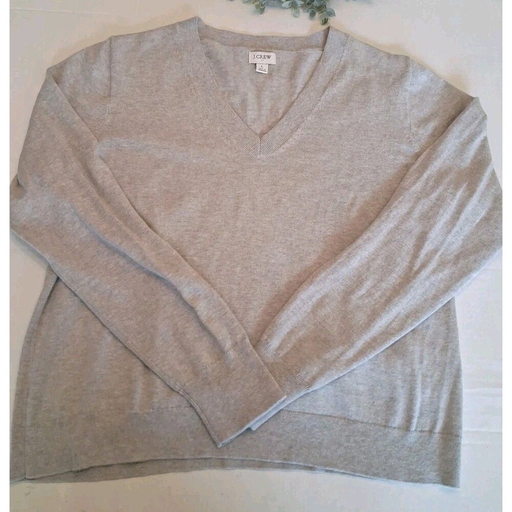 J. Crew Cashmere Blend V Neck Sweater Gray L Pullover Modern Preppy Old Money